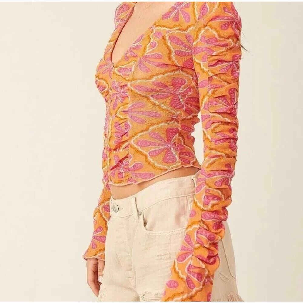 NEW Free People Through The Meadow Grapefruit Seltzer Orange Ruched Retro Top - Picture 5 of 13
